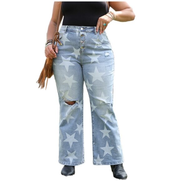 💫 Sky Blue Star Print Distressed Slit Knee Jeans – Plus Size 1X - Picture 6 of 6
